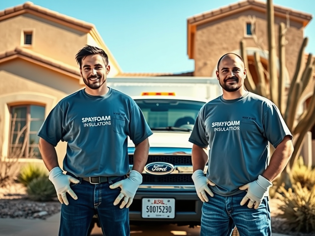 Spray foam insulation crew standing in front of a stucco desert home near Mesa, Arizona