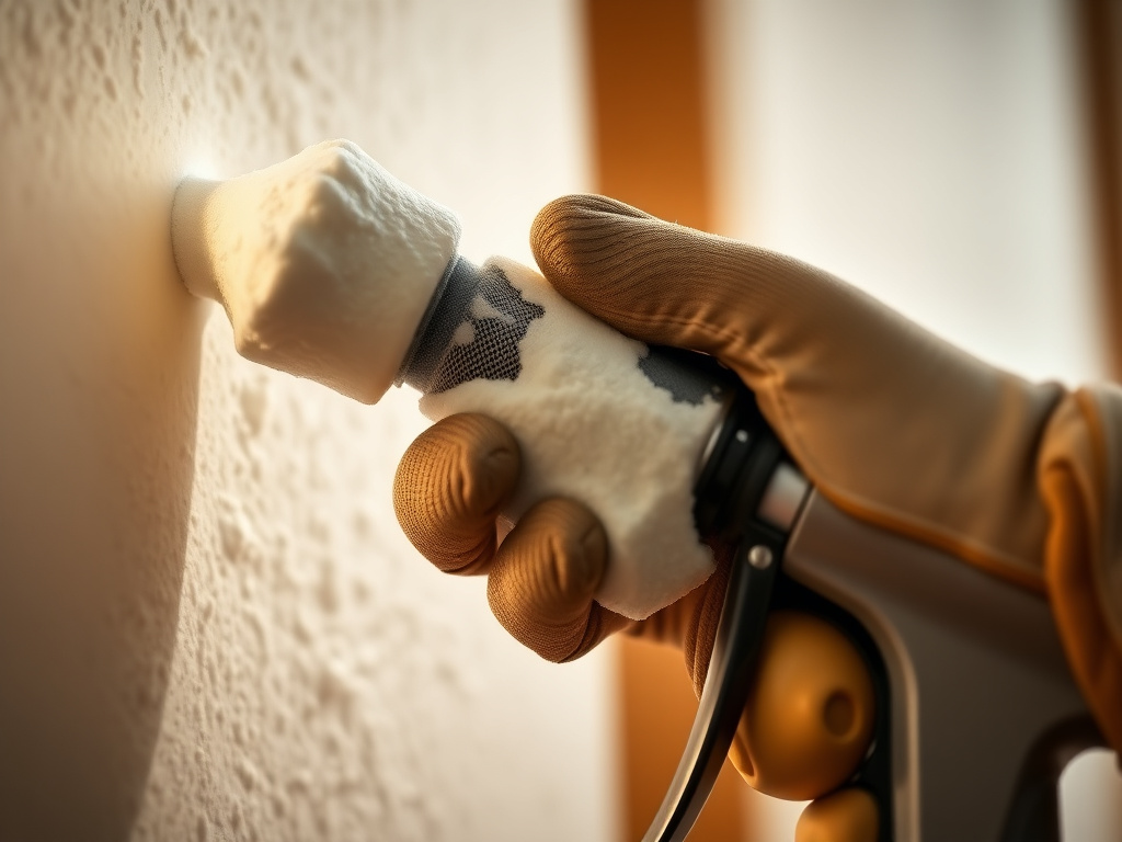 Close-up of a spray foam insulation gun applying cured foam texture