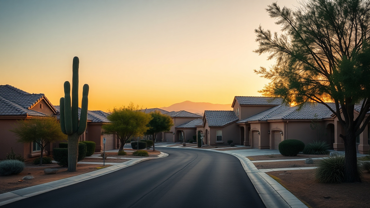 Suburban Mesa, Arizona neighborhood with stucco homes and desert landscaping